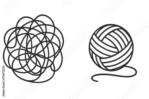Tangled scribble and neat yarn ball vector set, line art style illustration, smooth and chaotic thread patterns, cartoon clew bundle, knitting and crafting concept