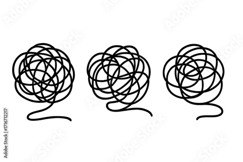 Tangled scribble clew vector illustration, black outline style tangled yarn balls, chaotic line art, abstract tangled threads, sketch doodle set, transparent background