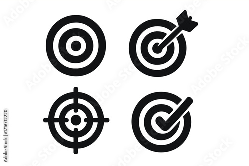 Target icons set with accuracy symbols in silhouette style, vector cartoon illustration with transparent background, including bullseye, dart hit, crosshair aim, and checkmark mark concepts