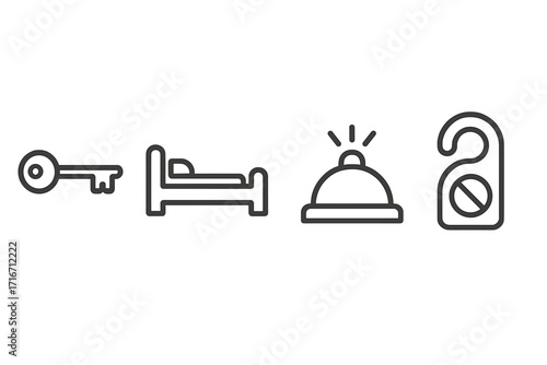 Modern linear hotel icons set with key, bed, service bell, and do not disturb door hanger symbols, minimalist vector cartoon illustration, transparent background, hospitality concept