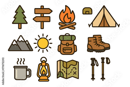 Outdoor adventure icons set featuring minimalist camping and hiking symbols with campfire, backpack, boots, mountains, tent, map, lantern, trekking poles, and more in vector cartoon style
