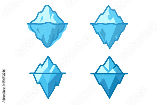 Iceberg vector icon set. Tip of the iceberg metaphor for business, psychology, and risk analysis. Hidden danger concept. Cartoon and geometric styles showing underwater parts.