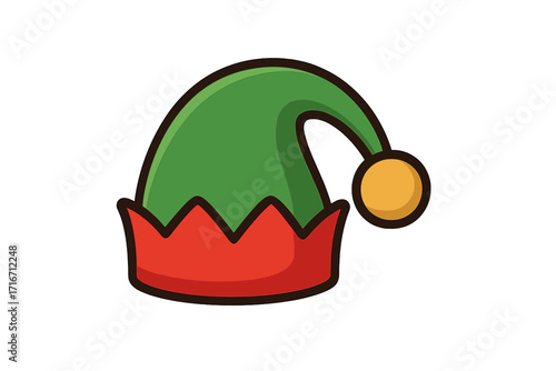 Christmas elf hat vector icon. Cute cartoon illustration of a green and red festive holiday cap. Santa's little helper costume accessory for Xmas celebration design element.