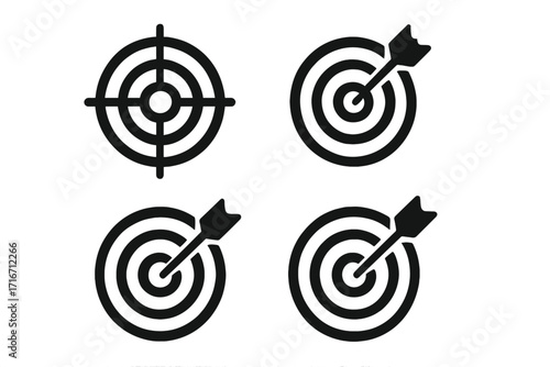 Target symbol silhouette icon set with arrow dart accuracy, aiming bullseye vector illustration, precision dartboard graphics, goal achievement concept, isolated on transparent background