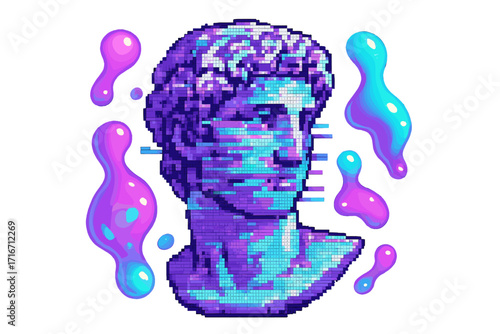 Vaporwave Greek statue head in pixel art with glitch effect. 8-bit ancient sculpture bust with liquid slime blobs. Classic art meets modern digital style. Retrofuturism.