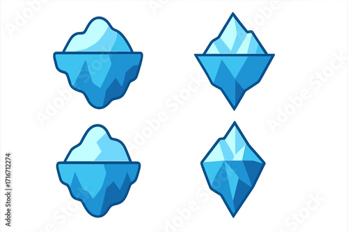 Iceberg icon set in cartoon and geometric low poly styles. Tip of the iceberg metaphor with visible underwater part. Vector illustration for concepts of hidden danger or climate change.