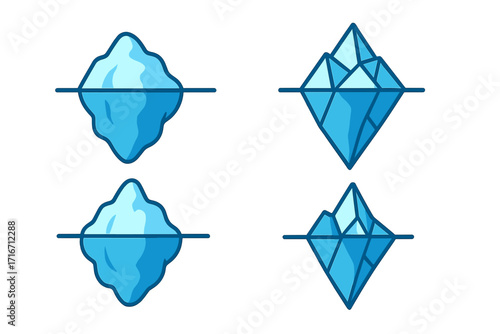 Iceberg vector icon set. Collection of cartoon and geometric low poly styles showing the tip and underwater part. Metaphor for hidden problems or the unseen majority.