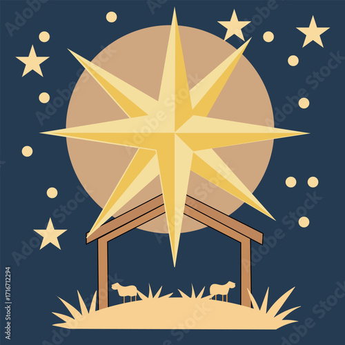 Bright festive Christmas star above manger holiday design and Vector