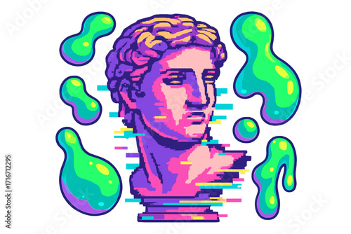 Vaporwave pixel art of a classic Greek statue head with a glitch effect. Retro futurism digital illustration with y2k style liquid slime blobs. Ancient sculpture modern art.