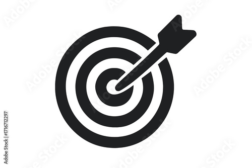 Target icon with dart in bullseye silhouette, accuracy and precision symbol, vector cartoon illustration, goal achievement concept, success and focus design