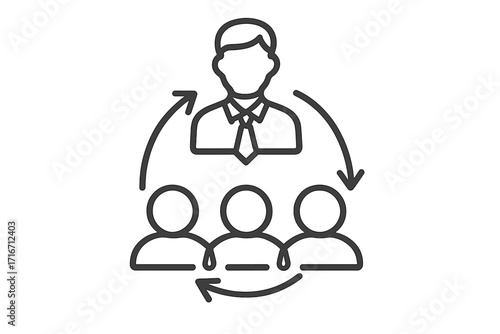 Leadership and teamwork icon. Business management, delegation, and cooperation concept. Manager and employee interaction loop. Corporate workflow and organization symbol.