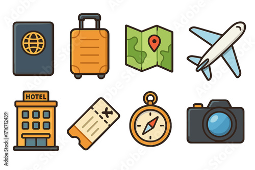 Travel icons set with passport suitcase map airplane hotel ticket compass camera, colorful cartoon vector illustration, transparent background, organized travel essentials collection