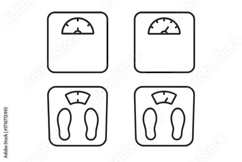 Set of minimalistic linear floor scale icons, editable stroke vector illustration, simple digital weighing machine pictogram for design, apps, banners, posts, cards