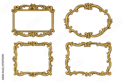 Vintage ornate frame set with emblem shapes, elegant decorative golden baroque style borders, vector cartoon illustrations with transparent background, classic antique design elements