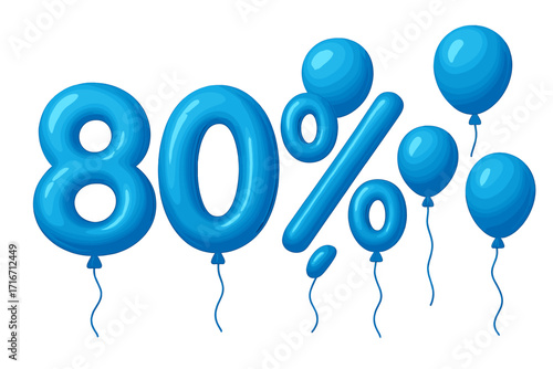 80 percent off discount with blue balloons. 3d mega sale or eighty percent bonus symbol. Sale banner and poster design. Promotion announcement. Isolated vector illustration.