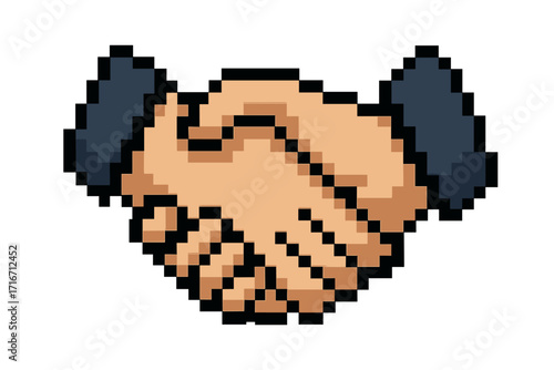 Handshake pixel art icon. 8 bit retro video game sprite. Partnership and business deal symbol. Cooperation agreement success concept. Vector illustration isolated on white.