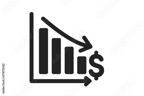 Financial crisis icon. Economic recession graph. Cost reduction symbol. Business investment loss. Market decline chart. Vector illustration of money devaluation down arrow.