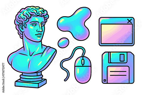 Vaporwave retro 80s 90s holographic sticker set. Ancient roman bust statue, vintage computer icons, floppy disk, mouse. Abstract liquid shapes. Nostalgic futuristic art.