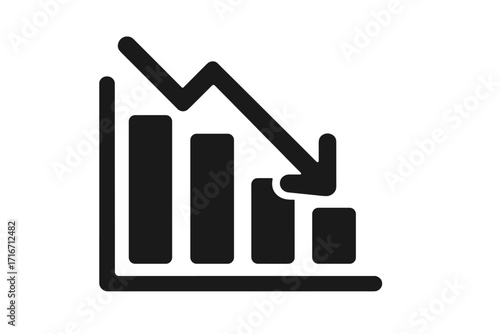 Financial crisis icon. Decrease chart. Declining graph symbol. Business recession concept. Arrow down. Market crash metaphor. Stock exchange loss. Economy fail vector sign.
