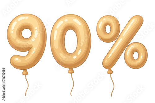 Sale 90 percent off, discount promotion banner. Golden glossy helium balloons in the shape of numbers. Realistic 3D vector illustration for advertising, marketing and shopping.