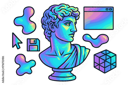 Vaporwave collage set with ancient Roman bust statue, retro PC icons and holographic fluid shapes. 80s 90s aesthetic. Abstract futuristic cyberculture vector illustration.