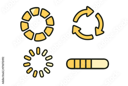 Loading icon set. Load progress bar and circle loader spinner symbol. Vector cartoon illustration for website interface. Download, upload, refresh, update, wait, buffer.