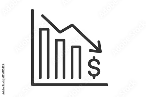 Financial loss chart icon. Decrease graph with arrow down and dollar sign. Economic recession, stock market crash concept. Business bankruptcy, bad economy diagram vector.