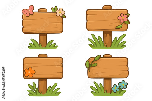 Wooden signboard illustration spring style with colorful flowers and green grass, cartoon vector icons set, natural wood plaques, garden decoration, rustic outdoors