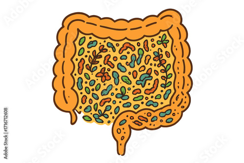Abstract intestines shape with microbiota ornate pattern. Healthy guts and digestive system concept. Vector hand-drawn cartoon illustration of gut flora and probiotics.