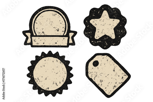 Grunge badge icon and distressed label sticker collection. Vector set of vintage retro price tags, stamps, and seals with ribbon, star, and sunburst shapes for design.