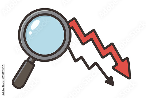 Magnifying glass analyzing financial loss chart. Business crisis, stock market crash. Economic recession analysis. Decline graph icon. Arrow down. Vector illustration concept.