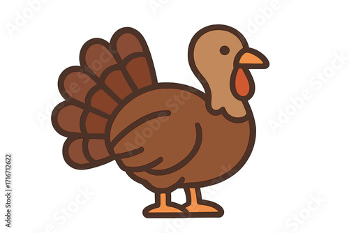 Thanksgiving turkey cartoon character. Vector illustration of a cute farm bird for autumn holiday design. Flat icon for harvest festival celebration, isolated on white.