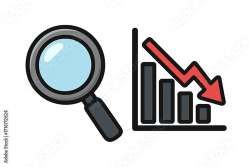 Concept of business failure analysis. Magnifying glass over a declining bar chart. Financial crisis, stock market crash, economic recession, and investment loss investigation.