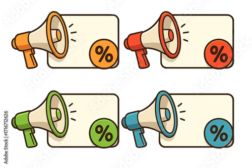 Megaphone announcement vector set for discount and sale promotion. Cartoon loudspeaker icon with blank banner card and percent sign for marketing and advertising design.
