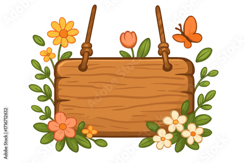 Rustic wooden signboard with floral and green leaf decoration, butterfly, cartoon vector illustration, natural garden frame, spring blossom design, blank wood plaque