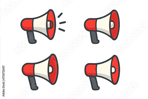 Megaphone icon set. Loudspeaker and bullhorn vector symbols for announcement, alert, and communication. Flat cartoon style illustration for marketing, news, or protest concepts.