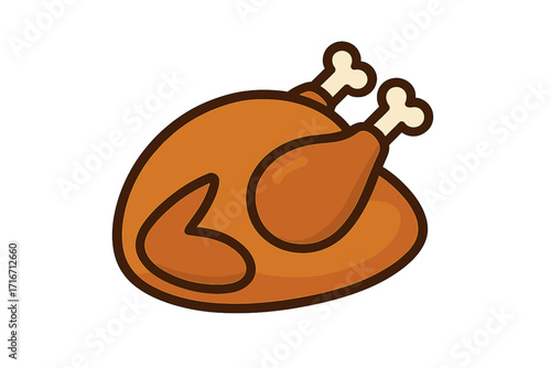 Roasted turkey or chicken icon for Thanksgiving dinner. Holiday meal symbol. Cooked poultry, whole bird for Christmas feast. Flat vector cartoon illustration isolated design.