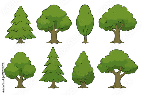 Big set of various cartoon trees. Vector illustration of different simple green tree, fir and pine icons for forest, park, nature and landscape design element. Isolated.