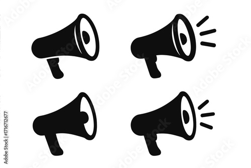 Megaphone icon set vector. Loudspeaker silhouette for announcement, marketing, and communication. Bullhorn symbol for advertising, protest, news, and alert. Loud sound.