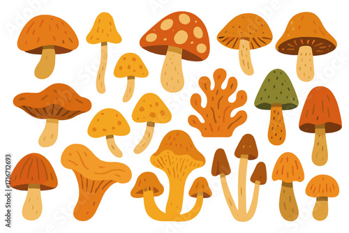 Mushroom vector set illustration. Hand drawn cute cartoon mushrooms collection. Autumn fall forest fungus concept. Food foraging design elements. Flat graphic toadstool icons.