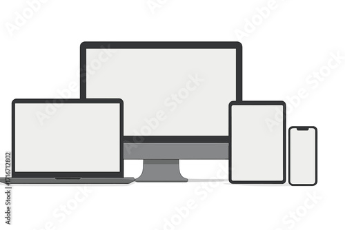 Realistic device mockup set. Laptop, computer, tablet, smartphone. Blank screen template for responsive web design. Digital technology vector illustration. Electronic gadgets.