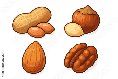 Nuts vector icon set in cartoon style. Collection with peanut, hazelnut, almond, and pecan. Healthy food snack and cooking ingredient for graphic design elements isolated.