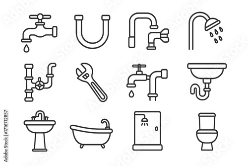 Plumbing and bathroom icon set with faucets, pipes, shower, wrench, sink, bathtub, toilet. Editable stroke vector for UI, websites, books, cards, apps, plumbing tools and fixtures