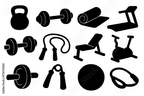 Silhouette icons of fitness equipment and gym workout tools, vector cartoon illustration set, transparent background, strength training, exercise gear, gym essentials, ordered collection