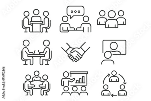 Set of business meeting line icons. Teamwork, communication, collaboration concepts. Vector pack for conference, presentation, corporate strategy, and video call. Editable stroke.