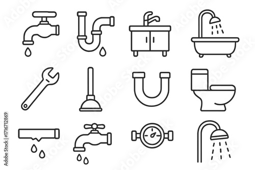 Plumbing and Bathroom Icon Set for UI, Placards, Books, and Apps, Editable Stroke Vector Cartoon Illustration of Faucet, Shower, Toilet, Pipe, Wrench, Plunger, and Water Meter