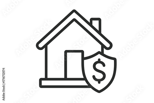Mortgage insurance icon. Home financial protection symbol. Real estate investment security concept. House with dollar shield. Property loan safety line art vector illustration.