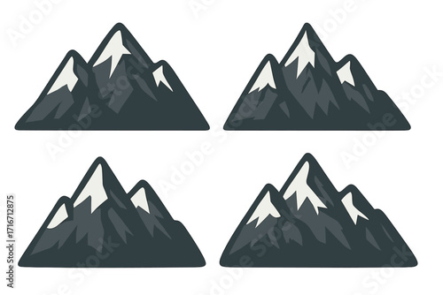 Mountain icon set. Rocky mountains silhouette collection. Vector cartoon illustration of snow capped peaks. Nature landscape symbol for travel, adventure, or hiking logo design.