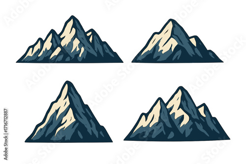 Mountain icon set. Rocky mountains vector illustration. Outdoor adventure, travel, climbing logo symbol. Nature landscape peak graphic element. Alps hill summit collection design.