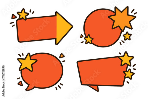 Promotion banner and offer badge set. Vector cartoon empty speech bubble, sticker, and label collection with stars. Flat style graphic design elements for advertising.